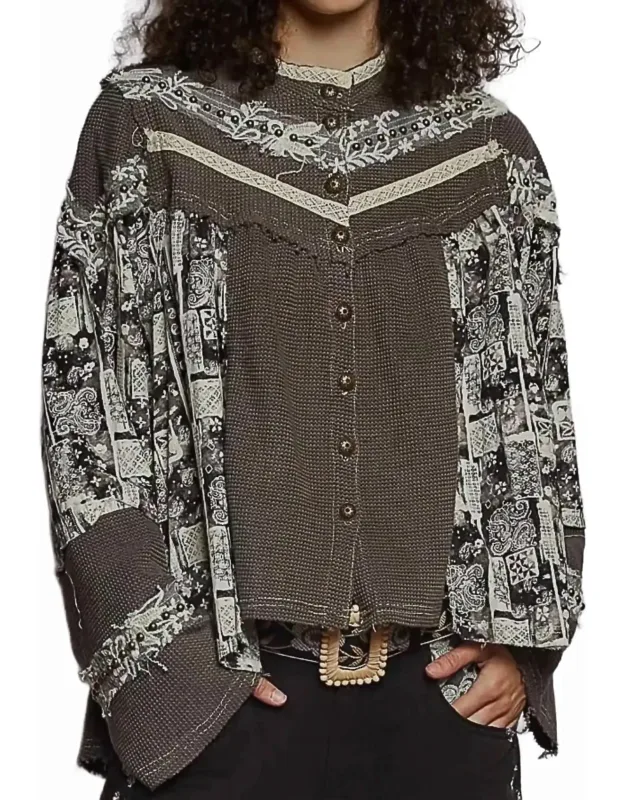 Printed Contrast Stud Button High Neck Top & Jogger Set