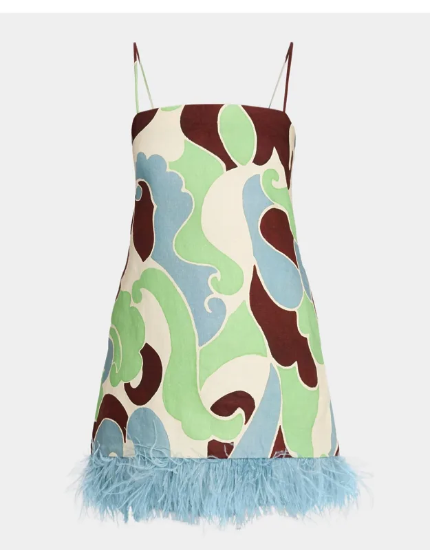 Valencia Printed Feather-trim Mini Dress