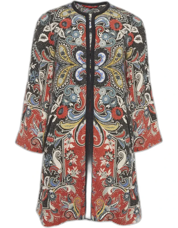 Multicolour Floral Print Tweed Mid Length Coat
