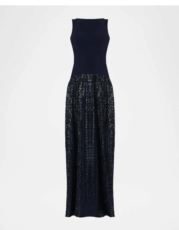 Sleeveless Sequin Crepe Maxi Dress