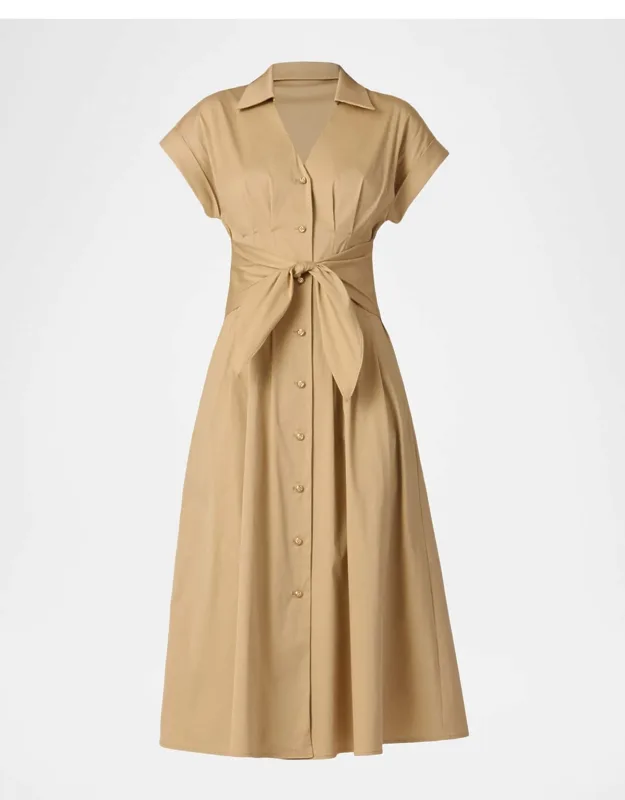 Pleated Cotton Sateen Midi Shirtdress