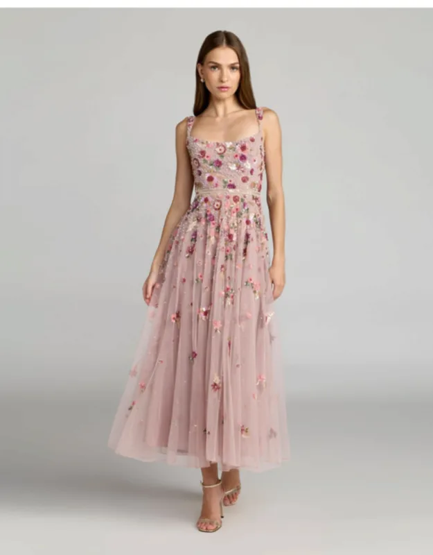 Hand Embellished Scoop Neck Midi Dress