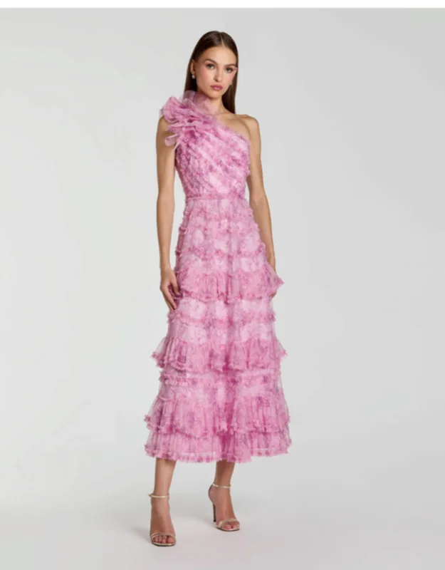 One Shoulder Ruffled A Line Midi Dress