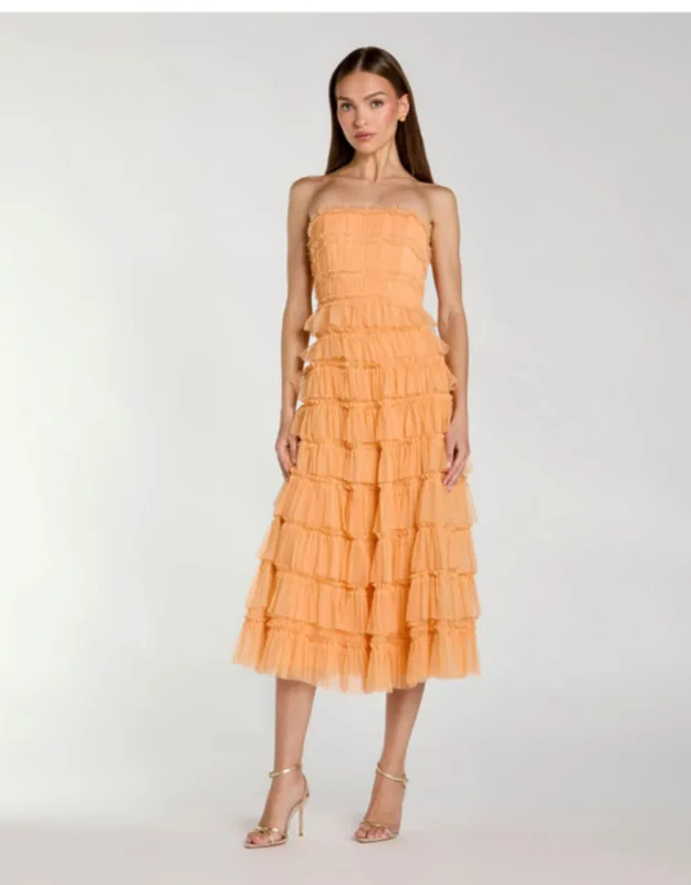 Micro Ruffle Strapless Midi Dress