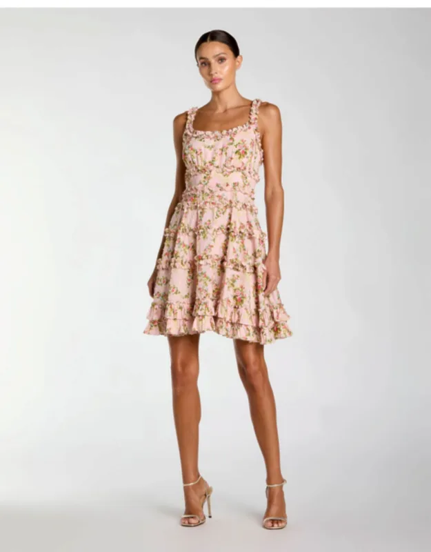 Floral Square Neck Ruffled Cotton Mini Dress