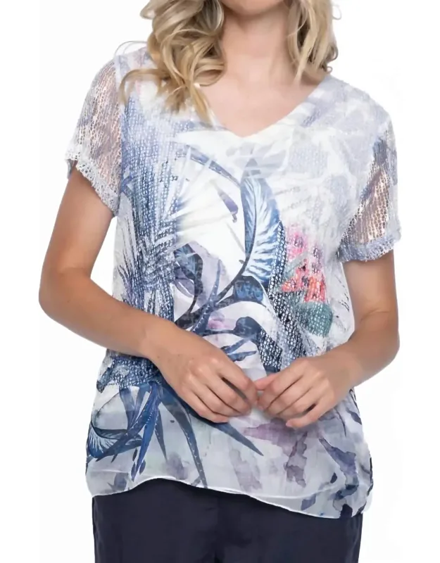 Tropical Print Netted Short Sleeve Top