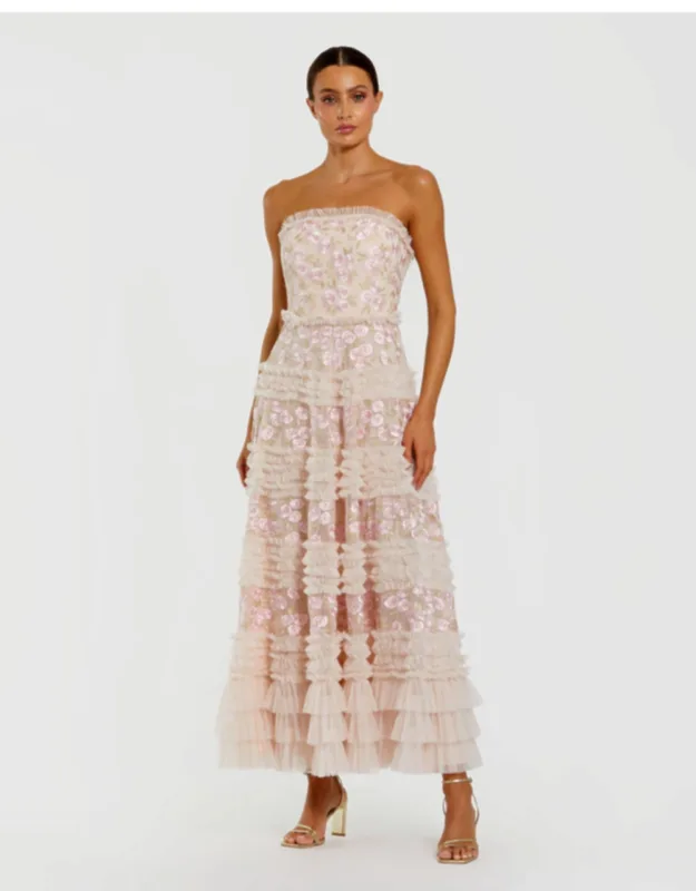 Floral Embroidered Strapless Ruffle Midi Dress