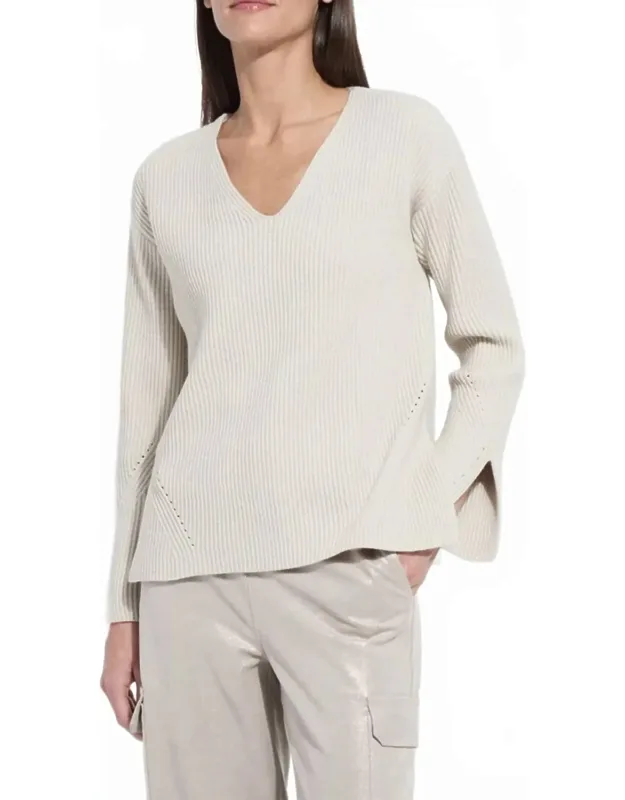 Ximena V-neck Cozy Sweater With Geometric Pointelle Stitching And Bell Shaped Sleeves
