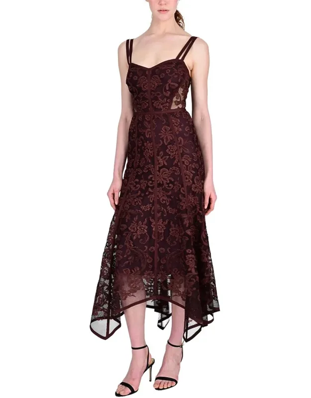 Ribbon Strap Corded Lace Handkerchief Hem Midi Dress