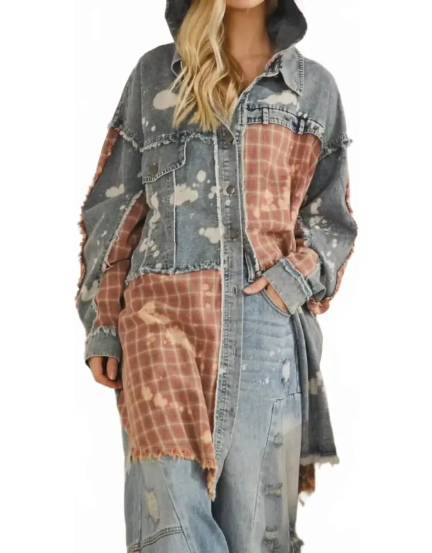 Bleached Plaid Long Shacket With Hoodie