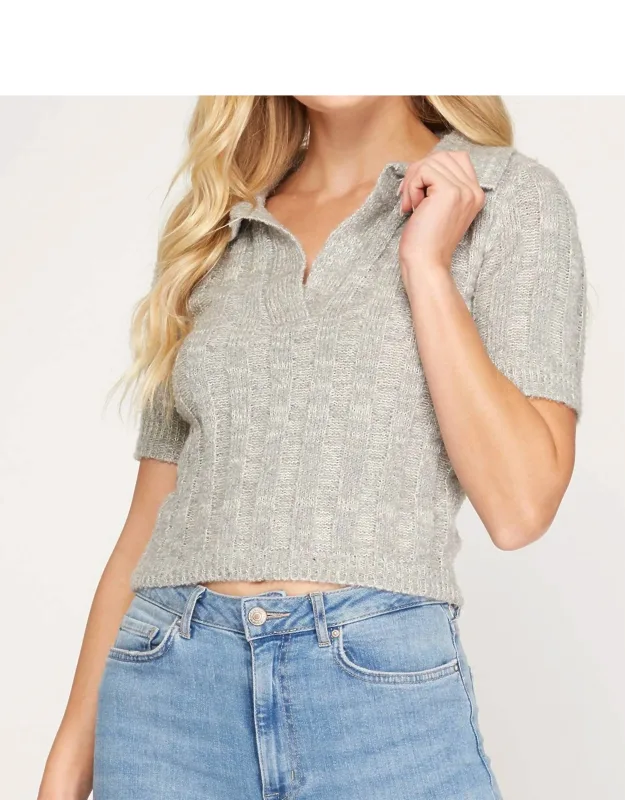 Collared Short Sleeve Cropped Knit Top