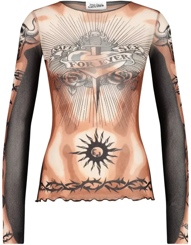 Tattoo-inspired Sheer Long-sleeved Top With Bold Motifs