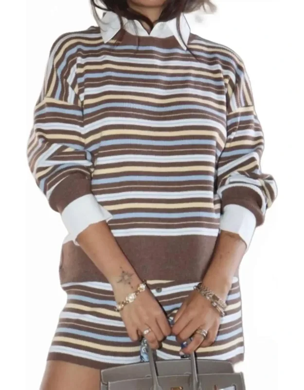 Striped Knit Collared Shirt And Knit Flare Pants Set