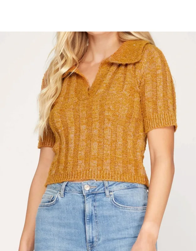 Collared Short Sleeve Cropped Knit Top