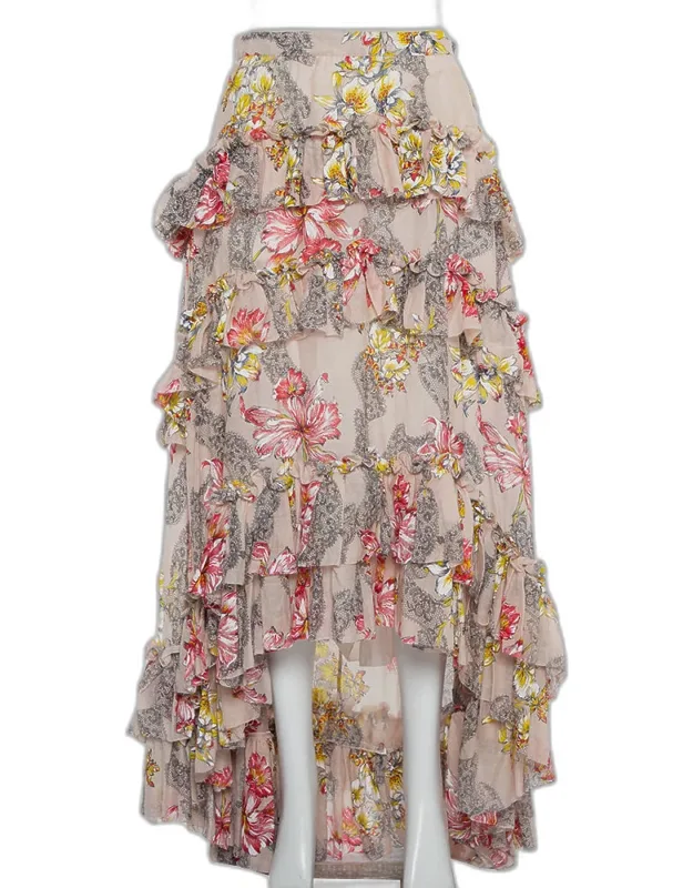Floral Printed Cotton & Silk Ruffled Asymmetric Hem Midi Skirt