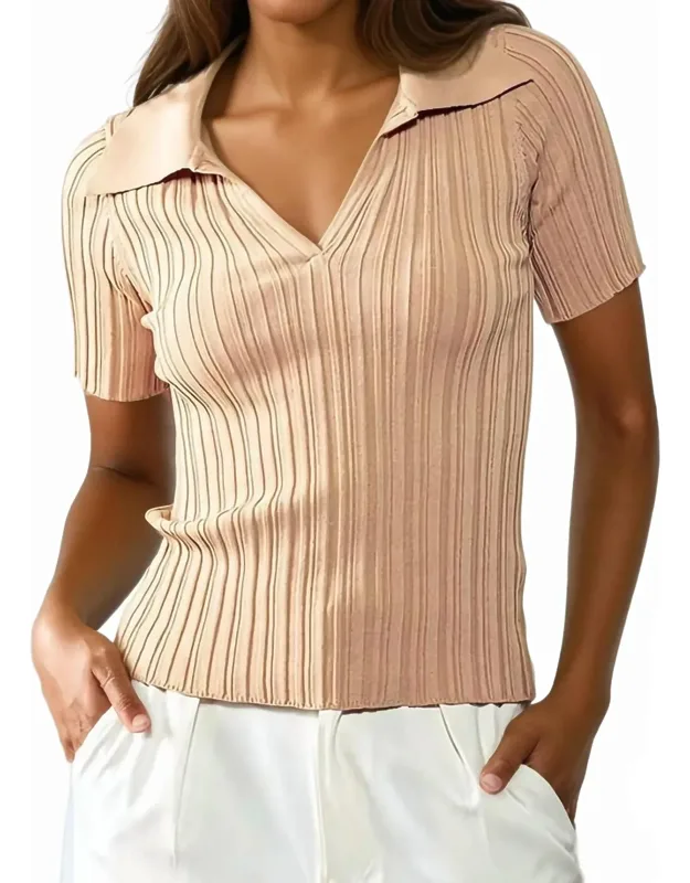 Rib Knit Wing Collar Short Sleeve Top