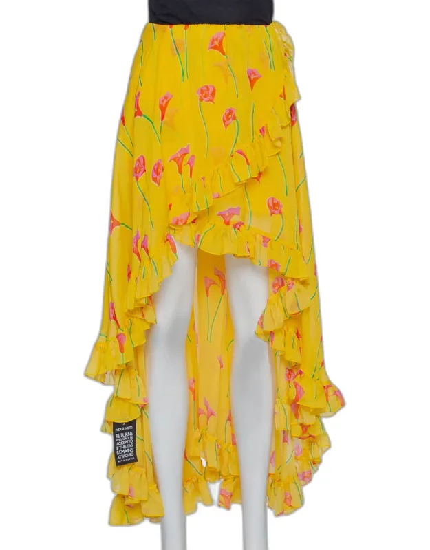 Printed Silk Ruffled Asymmetric Hem Midi Skirt