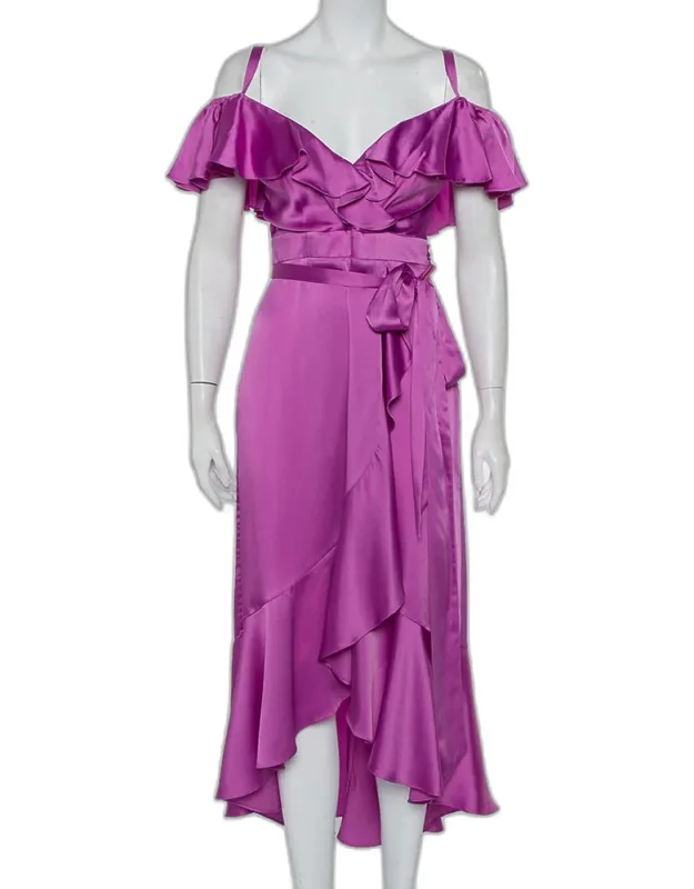 Satin Ruffled Cold Shoulder Belted Faux Wrap Midi Dress
