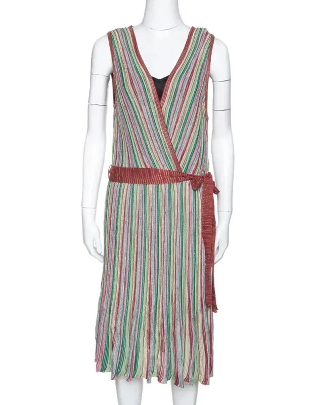 Multicolor Striped Rib Knit Sleeveless Belted Dress