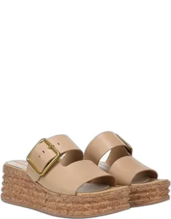 Espadrille Slide Sandals With Round Toe, Platform Heels, Wedge Heels, And Buckle Closure