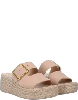 Espadrille Slide Sandals With Round Toe, Platform Heels, Wedge Heels, And Buckle Closure