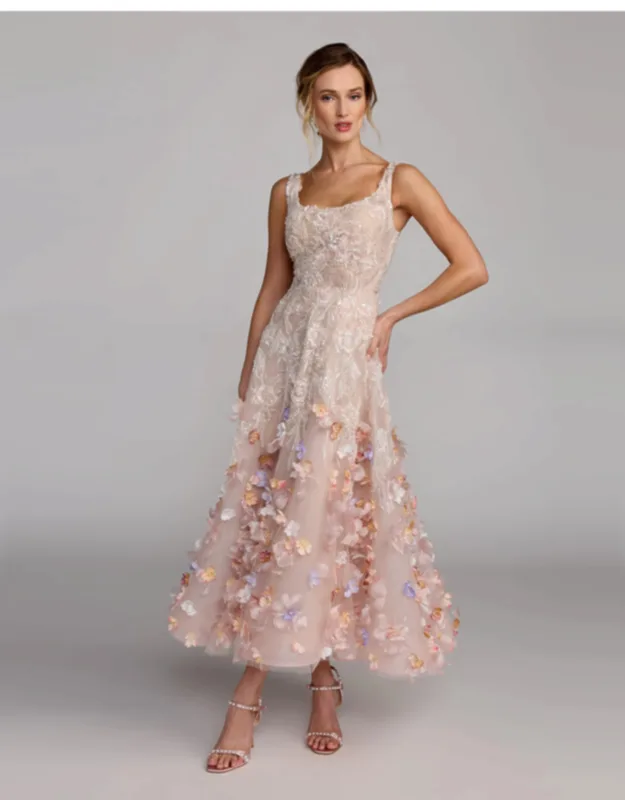 Sleeveless Beaded Midi Dress With 3d Flowers