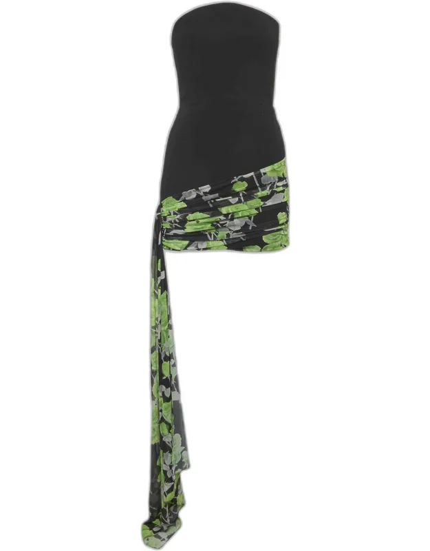 Crepe And Mesh Rose Print Strapless Mini Dress