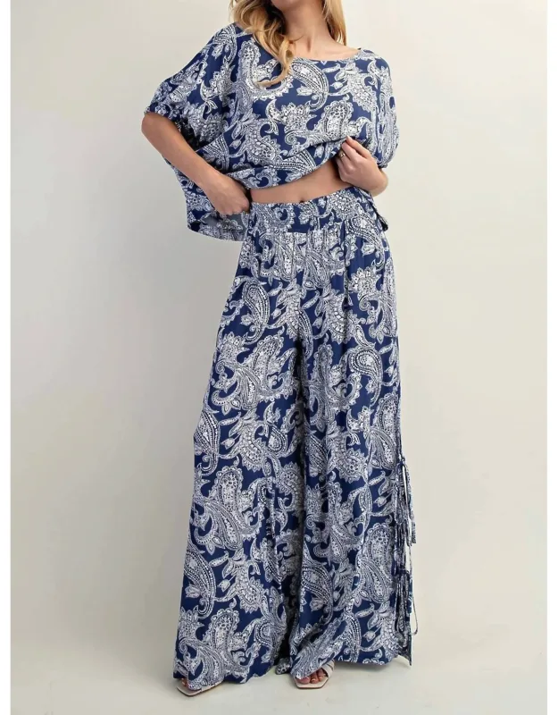 Paisley Printed Side Tie Wide Leg Pants