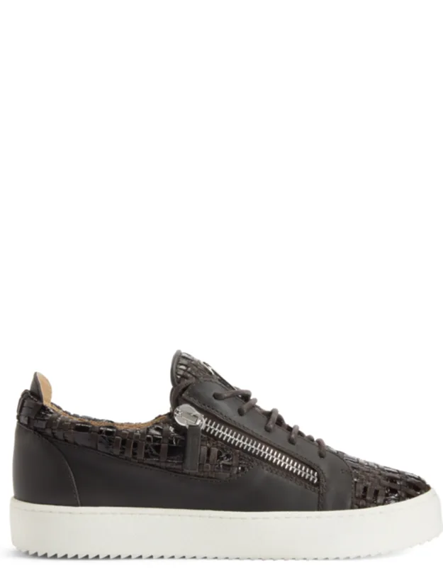 Frankie Low-top Sneakers With Crocodile-print Leather And Hand-crafted Leather Weave