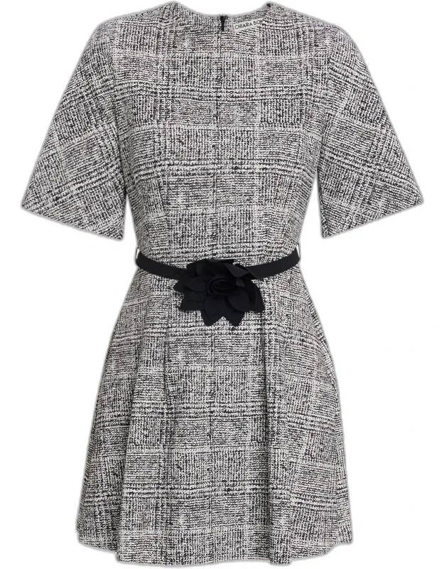 Pleated Tweed-print Mini Dress