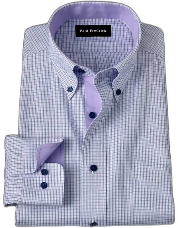 Non-iron Cotton Check Dress Shirt With Contrast Trim, Button Down Collar, Adjustable Cuffs