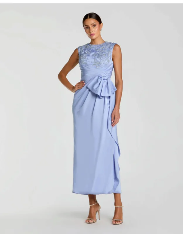 Satin Beaded Embroidered Midi Dress With Bow