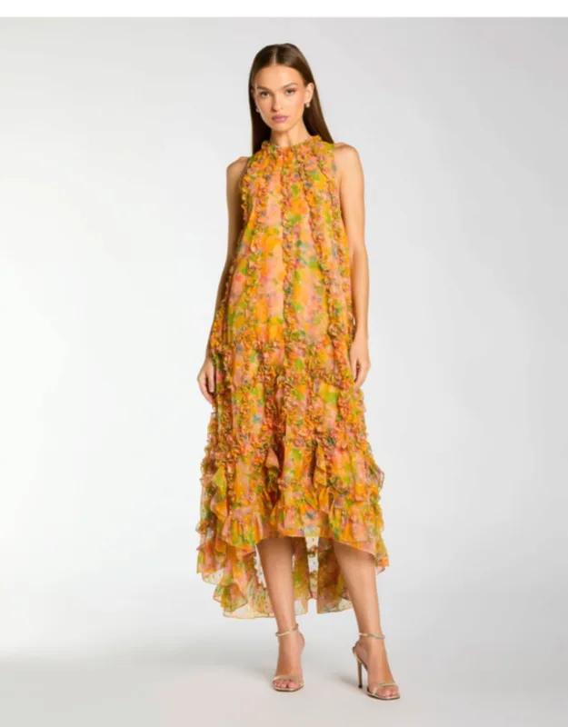 Sleeveless Floral Chiffon Micro Ruffle Midi Dress
