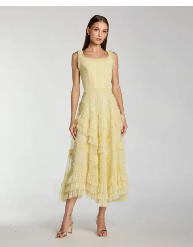Scoop Neck Sleeveless Micro Ruffle Midi Dress
