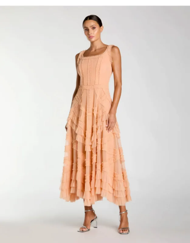Scoop Neck Sleeveless Micro Ruffle Midi Dress