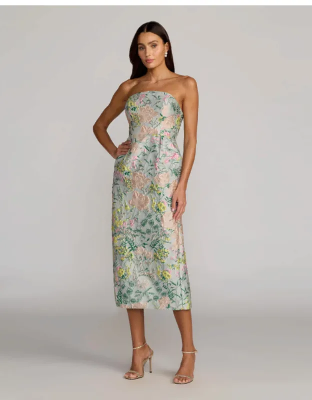 Multicolor Strapless Brocade Midi Dress With Pockets