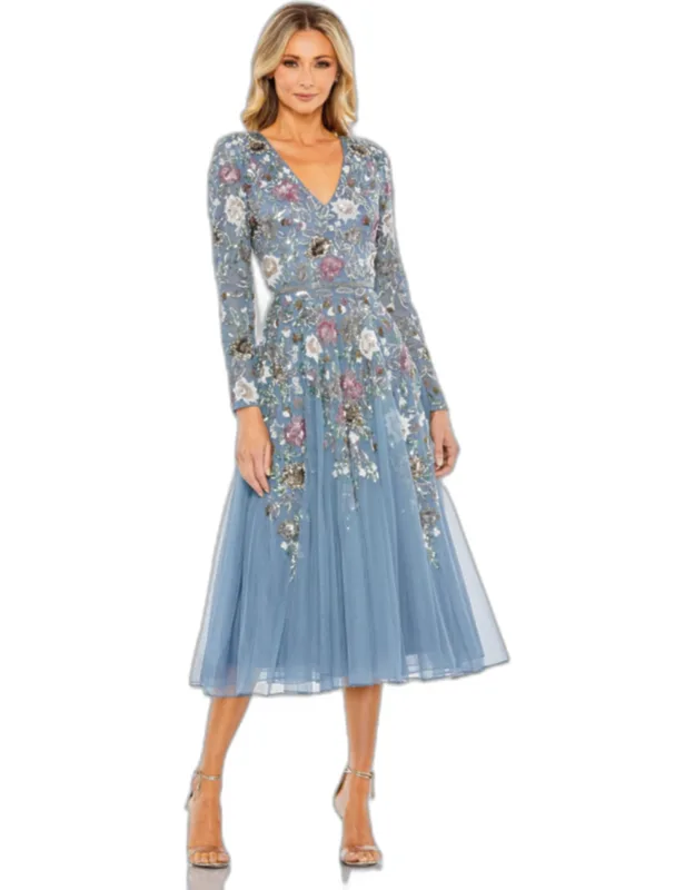 Hand Embellished Floral V Neck Long Sleeve Dress