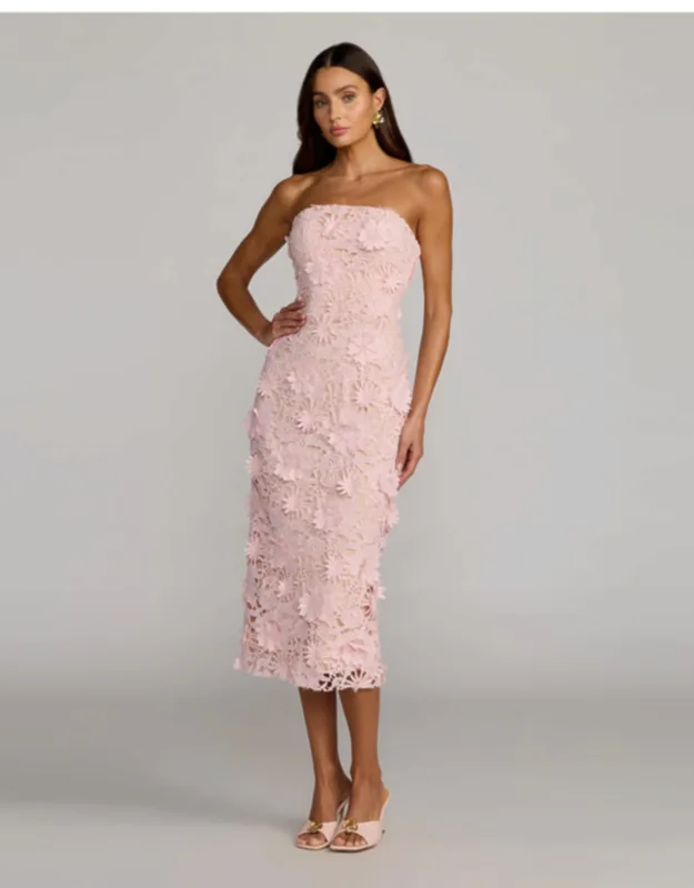 Strapless 3d Floral Midi Dress