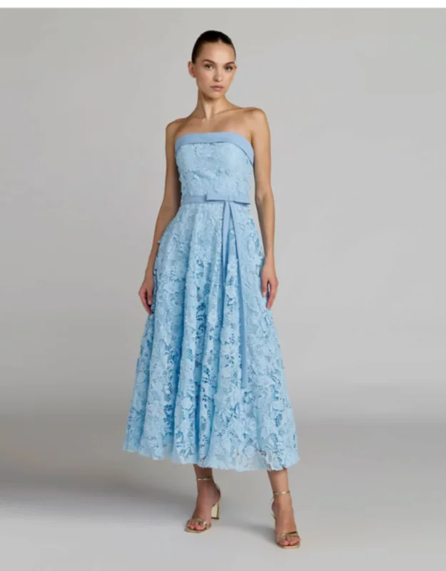 Embroidered Lace Strapless Midi Dress With Bow Detail
