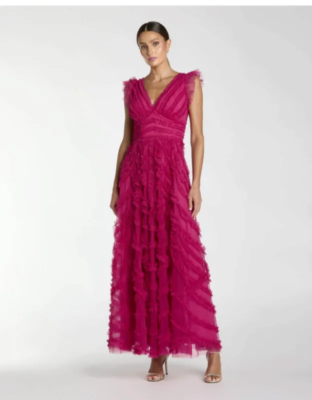 V-neck Cap Sleeve Ruffle Maxi Dress