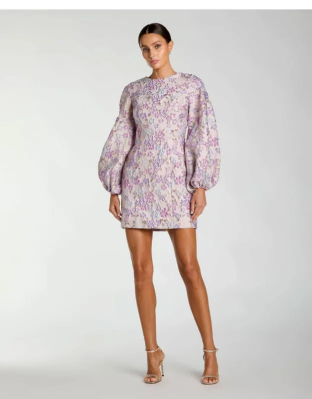 Floral Brocade Balloon Sleeve Mini Dress