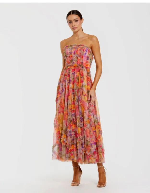 Strapless Floral Ruffle Dress