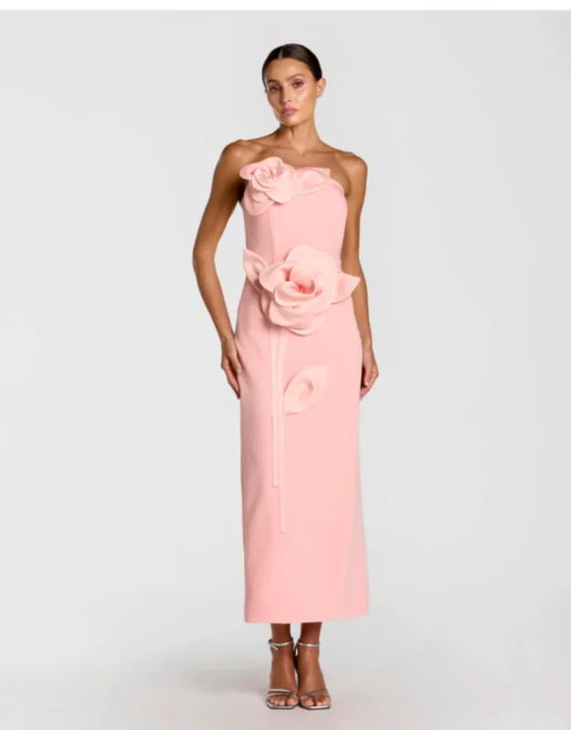 Strapless Crepe Dress With 3d Satin Flowers