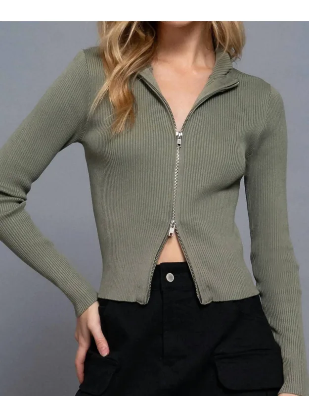 Fitted Ribbed Double Zip Cropped Top