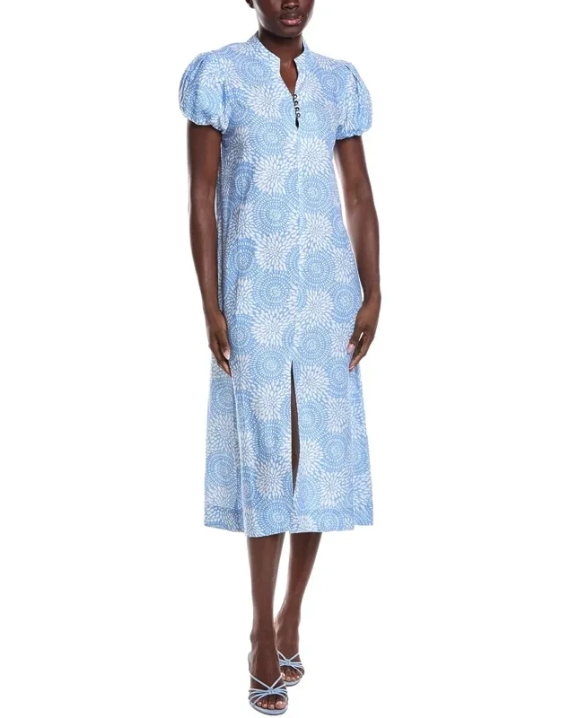 Puff Sleeve Linen-blend Midi Dress