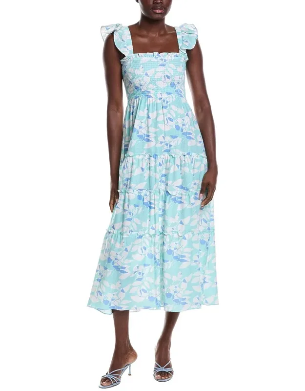 Flutter Strap Smocked Linen-blend Midi Dress