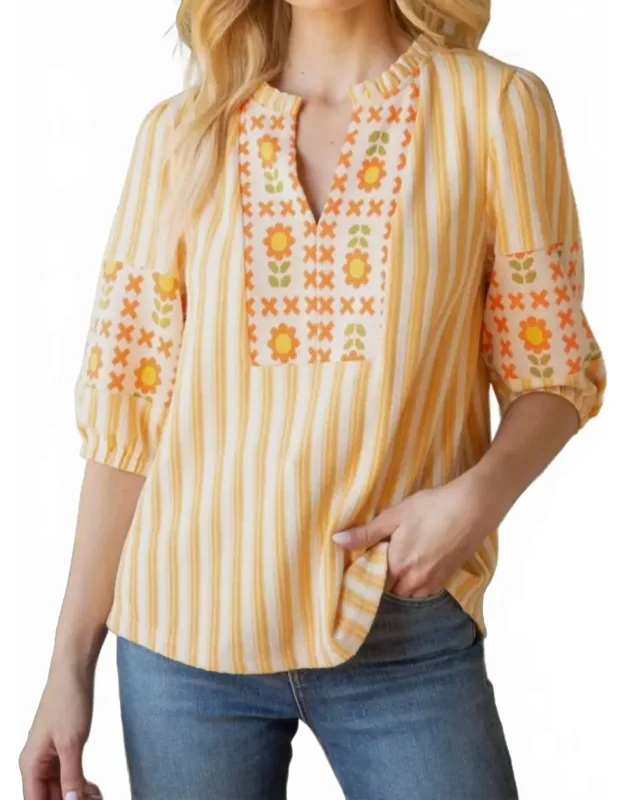 Stripe And Floral Pattern Mixed Knit Top
