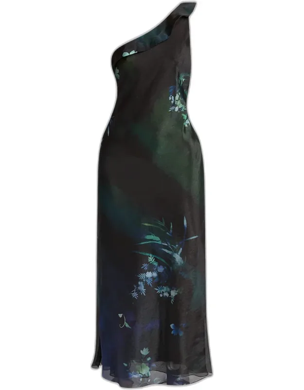 One-shoulder Floral Silk Maxi Slip Dress