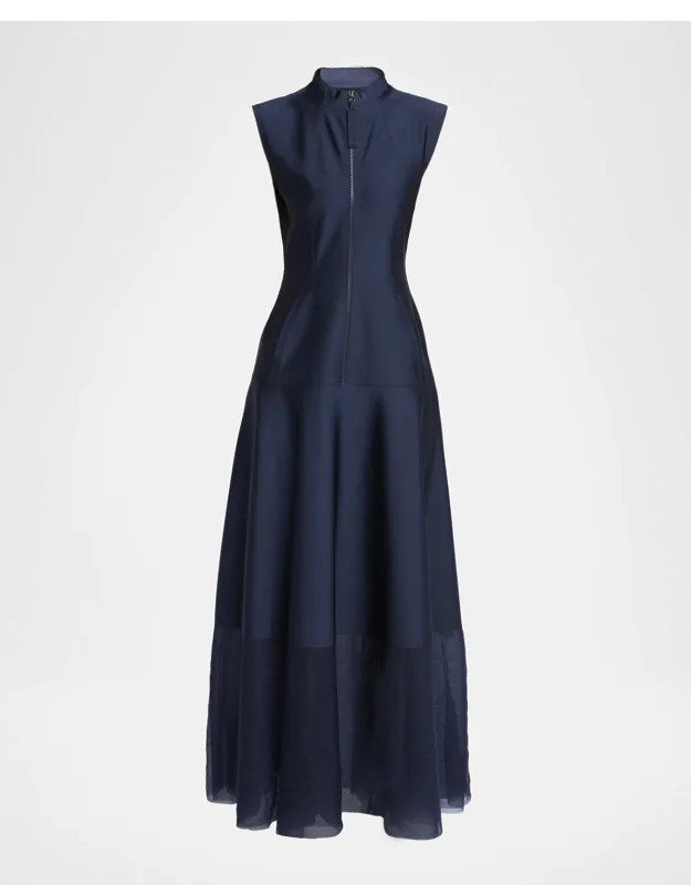 Sleeveless Sheer Tiered Zip Maxi Dress