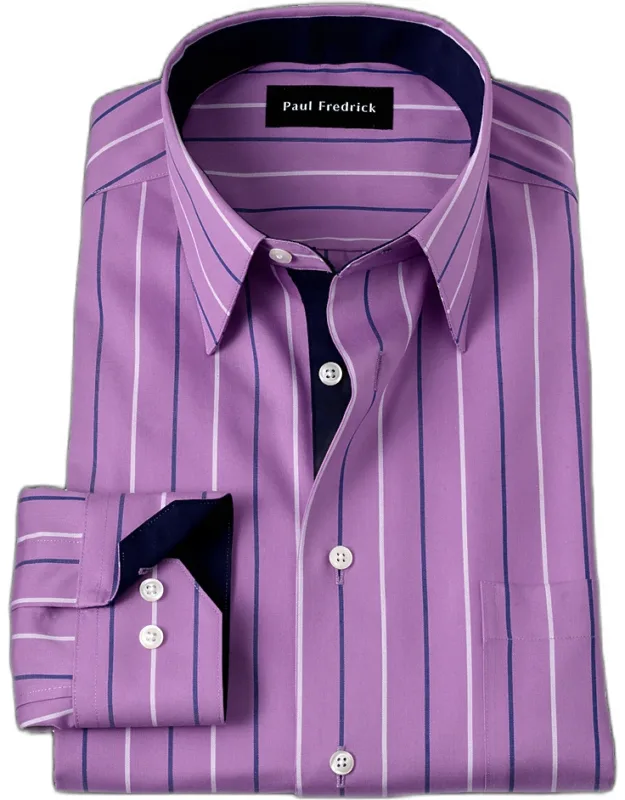 Non-iron Cotton Stripe Dress Shirt With Contrast Trim, Point Collar, Two-button Adjustable Cuffs